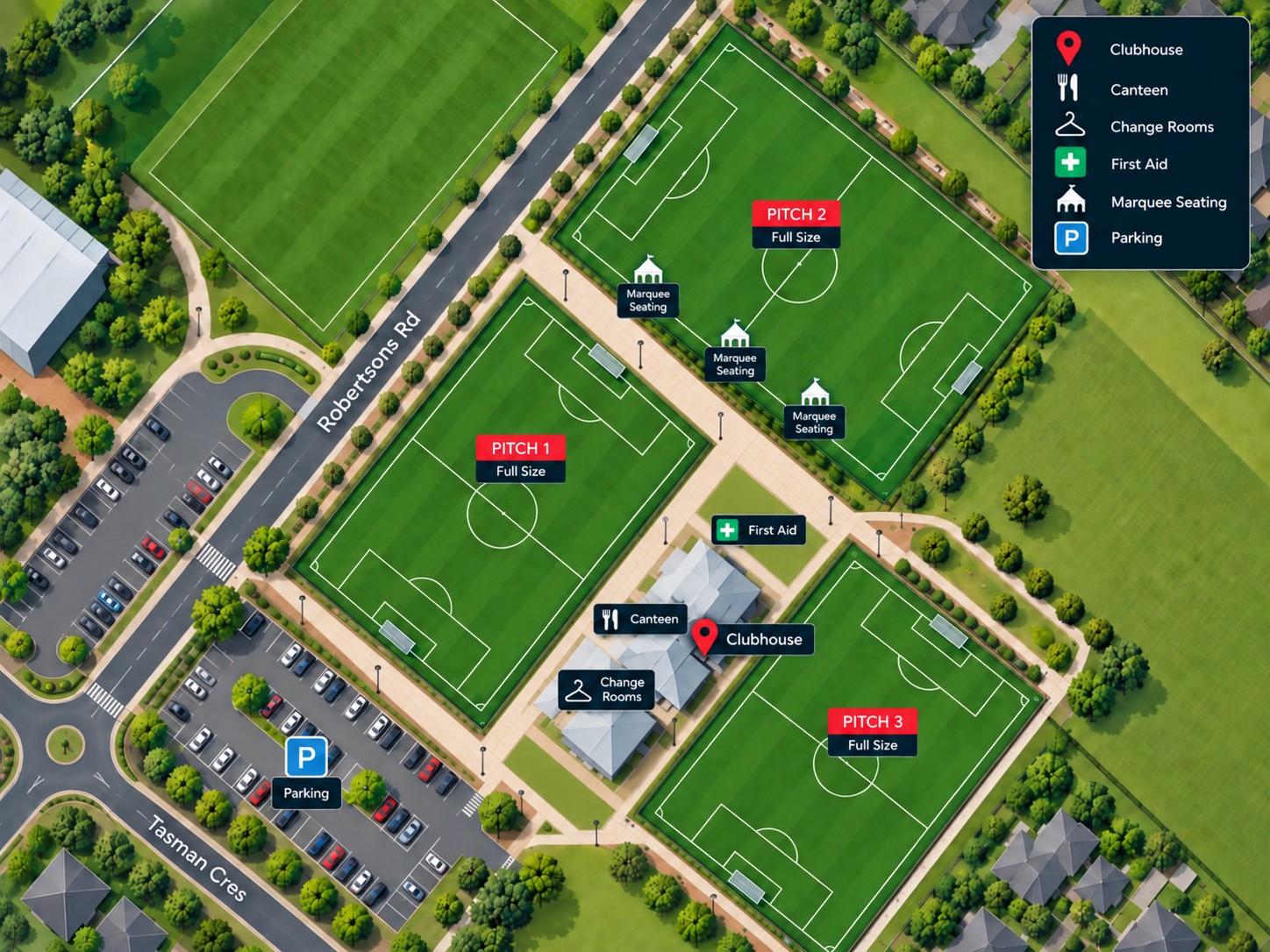 Aerial map of Keilor Lodge Reserve, showing three full size pitches, the clubhouse, canteen, change rooms, first aid, marquee seating and parking off Robertsons Road, Taylors Lakes VIC
